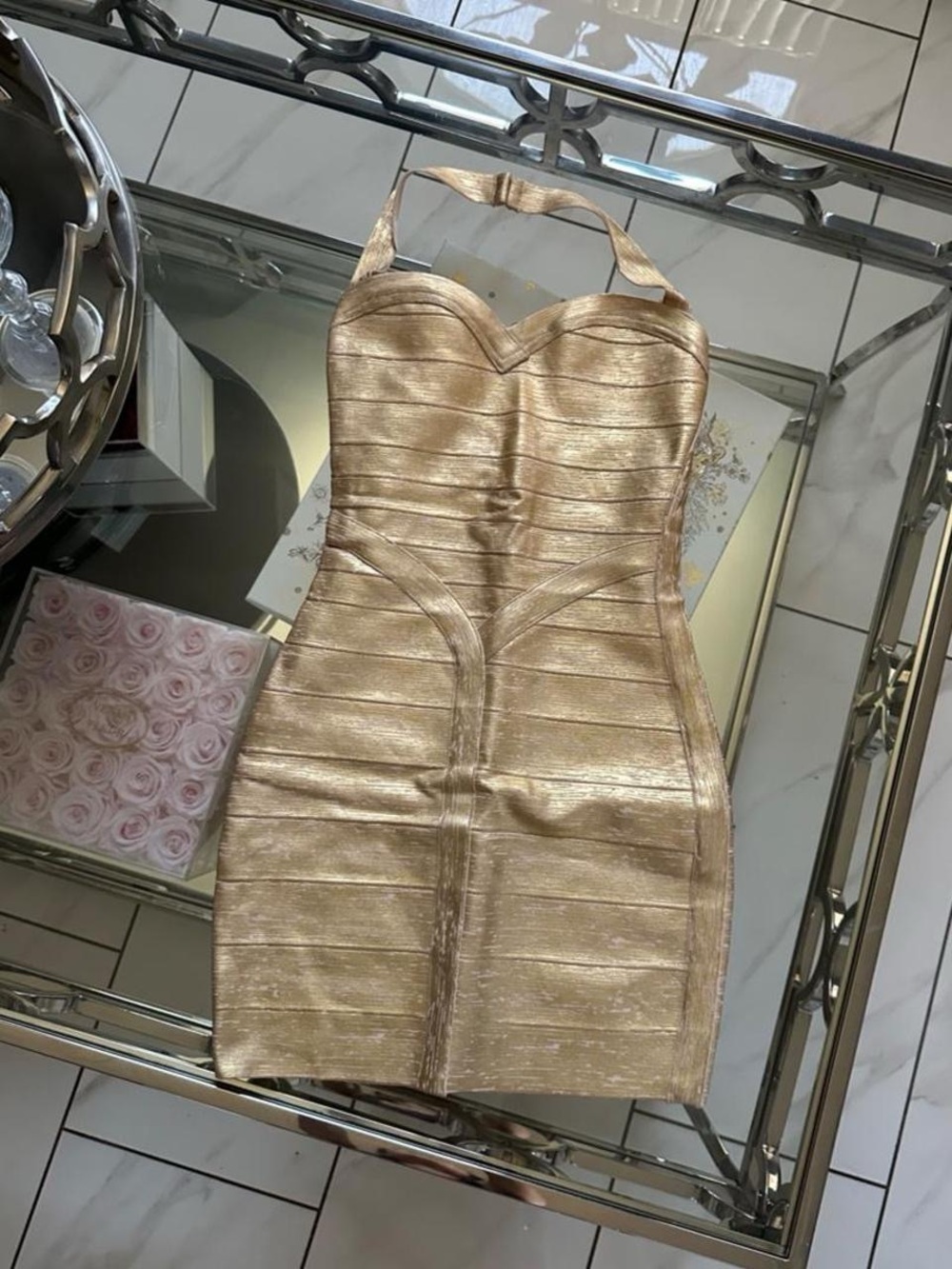 House of Cb The Supermodel Gold Halter Neck Bandage Mini Dress